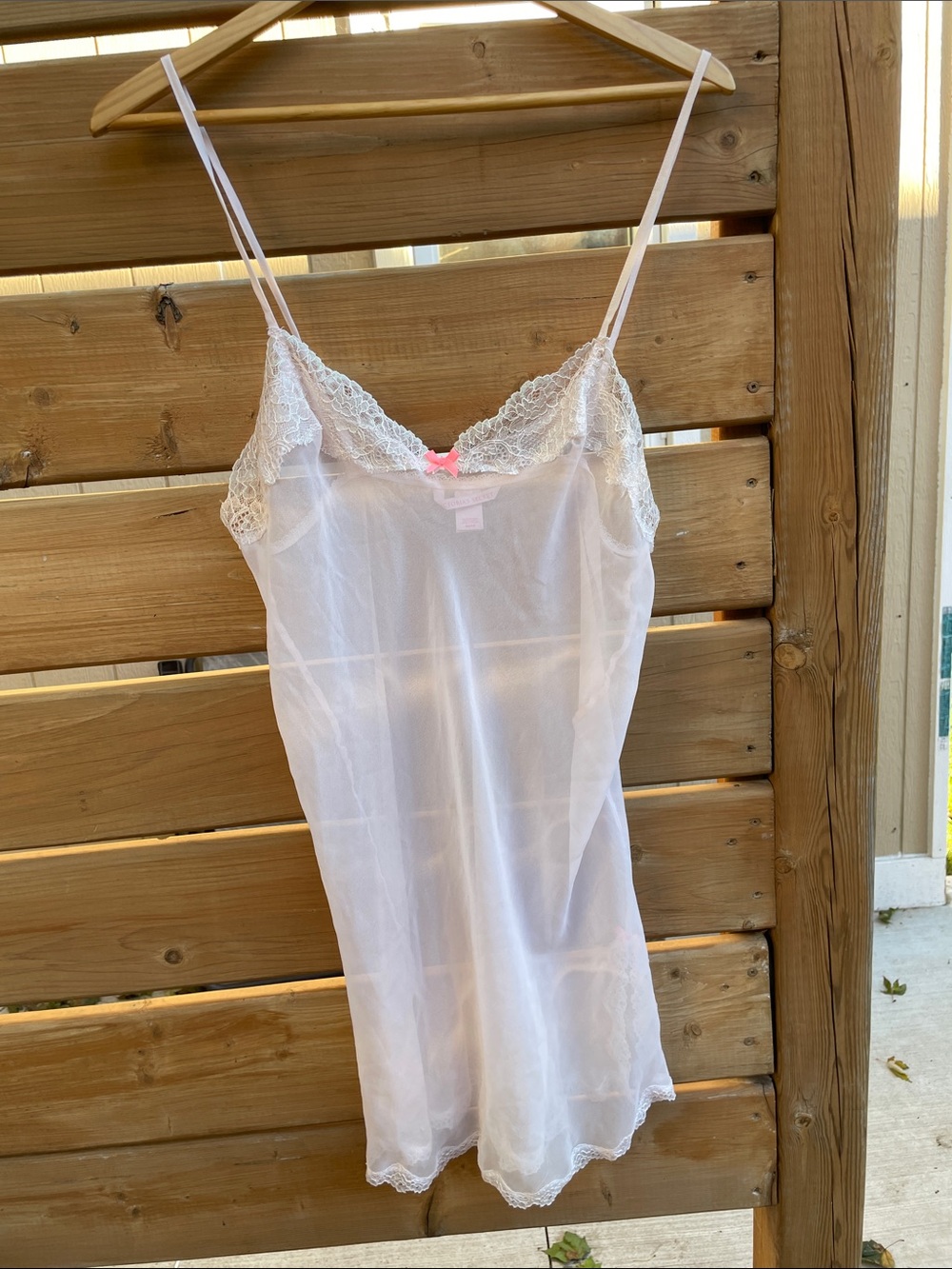 Victoria's Secret White Sheer Lace-Trim Chemise with Pink Bow